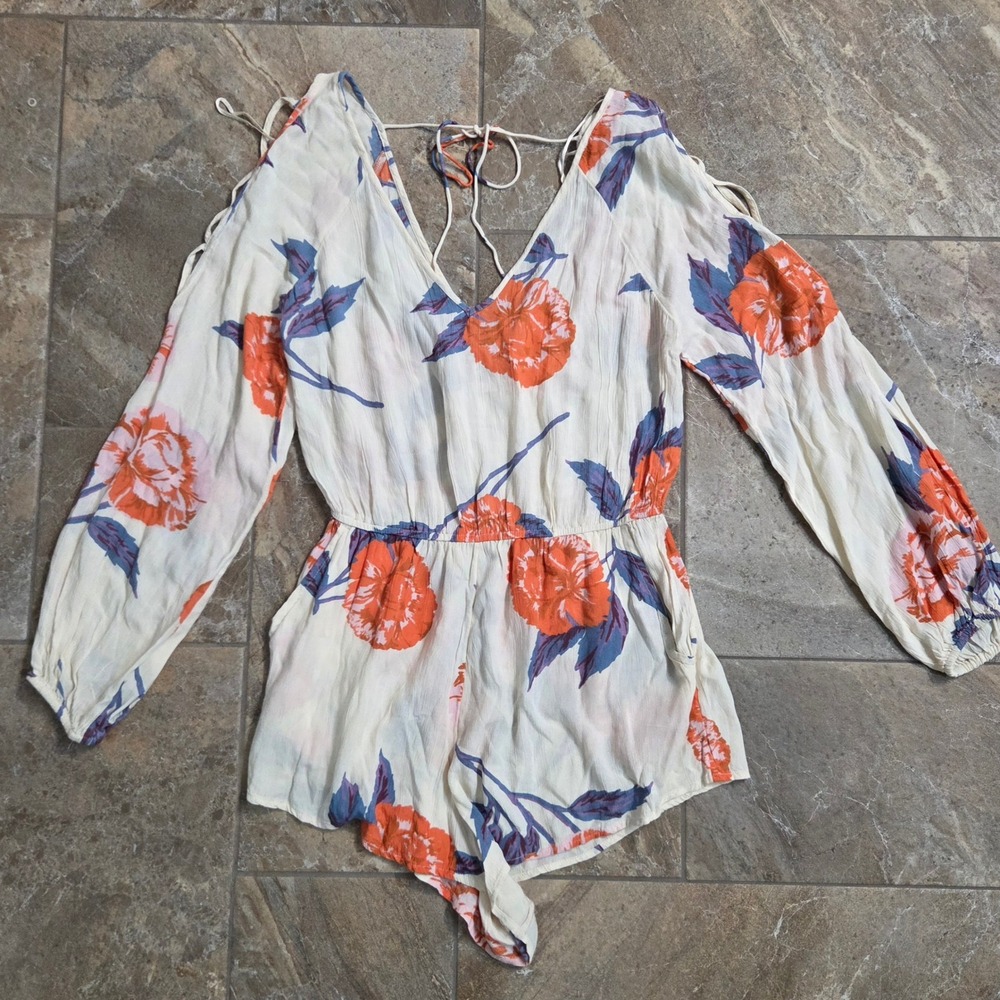 Billabong Floral Cold Shoulder Romper Long Sleeve Orange Purple Cream Beach M
